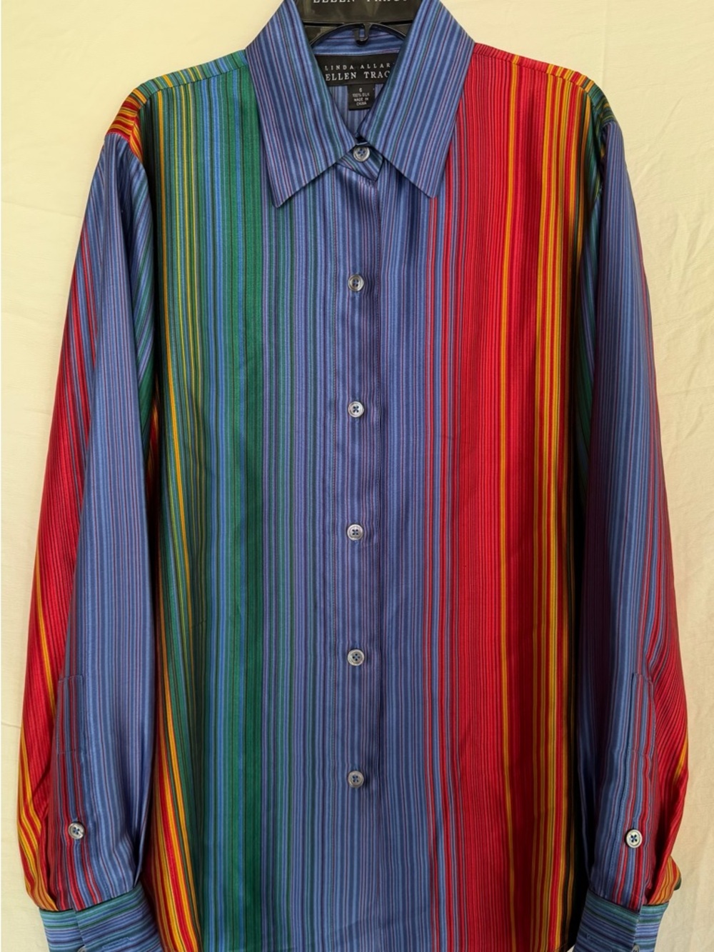 Ellen Tracy 100% Silk Multicolor Stripe Button-Up Shirt
